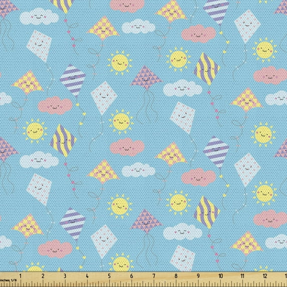Ambesonne Kites Fabric by the Yard Upholstery, Cartoon Smiling Sun, 1 Yard, Multicolor