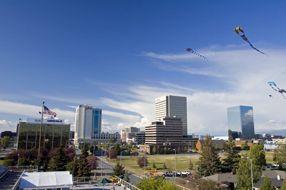 Kites Flying In Park Strip With Downtown Anchorage In Background Southcentral Alaska Summer Canvas Art - Jeff Schultz Design Pics (17 x 11)