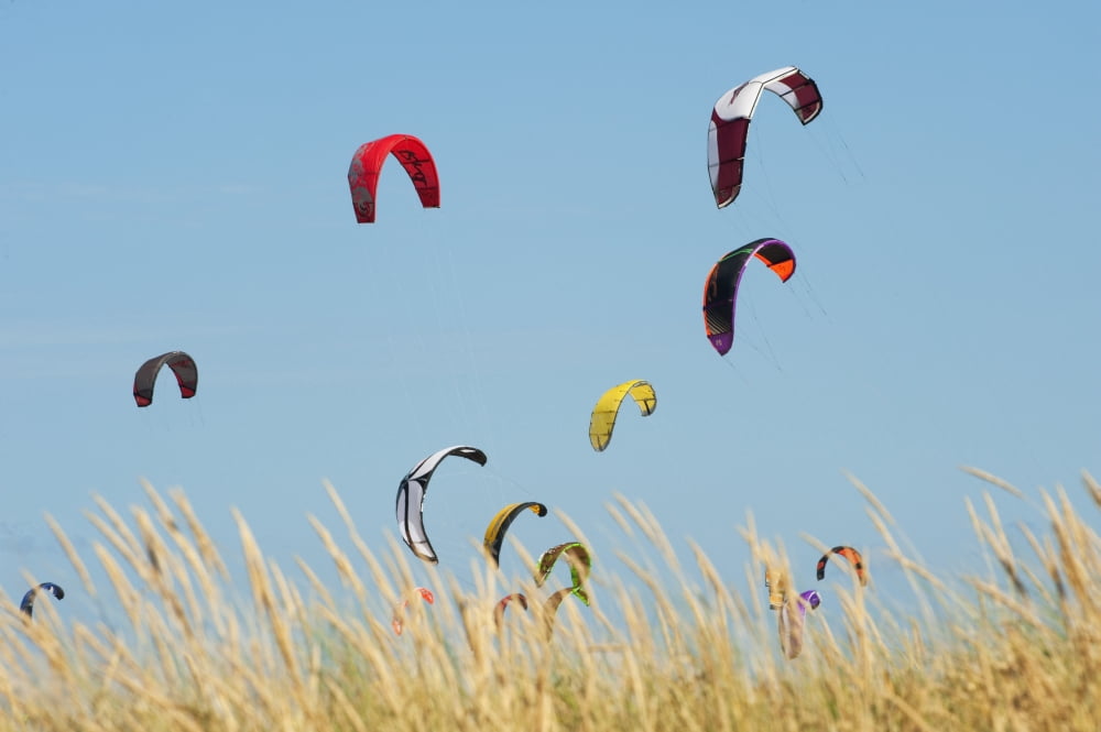 Kites Of Kite Surfers In Front Of Hotel Dos Mares Tarifa Cadiz Andalusia Spain Canvas Art - Ben Welsh Design Pics (19 x 12)