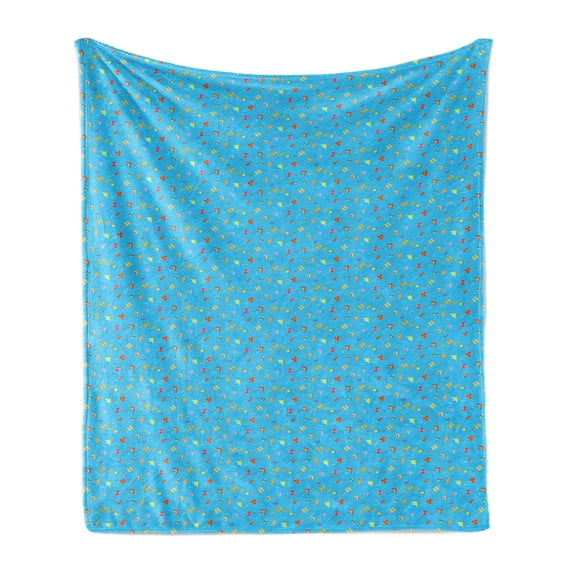 Kites Soft Flannel Fleece Blanket, Cartoon Style Colorful Kites Pattern Summer Season Elements on Blue Toned Background, Cozy Plush for Indoor and Outdoor Use, 60" x 80", Multicolor, by Ambesonne