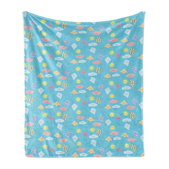 Kites Soft Flannel Fleece Throw Blanket, Pastel Colored Nursery Cartoon with Smiling Sun Clouds and Kites Seasonal Activity, Cozy Plush for Indoor and Outdoor Use, 70" x 90", Multicolor, by Ambesonne