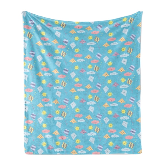 Kites Soft Flannel Fleece Throw Blanket, Pastel Colored Nursery Cartoon with Smiling Sun Clouds and Kites Seasonal Activity, Cozy Plush for Indoor and Outdoor Use, 70" x 90", Multicolor, by Ambesonne