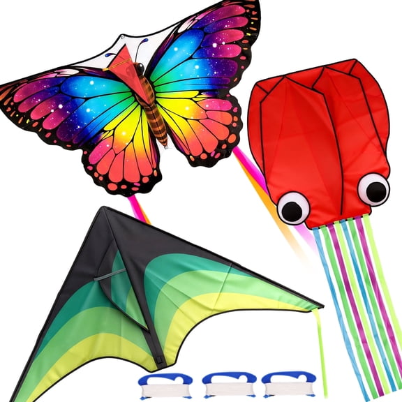 KiddiTouch 3 pack Kite for Kids and Adults,Easy to Fly Butterfly Delta Octopus Kites Set for Beginners,Large Beach Kite with 328FT Wire Board for Family Outdoor Games and Activities