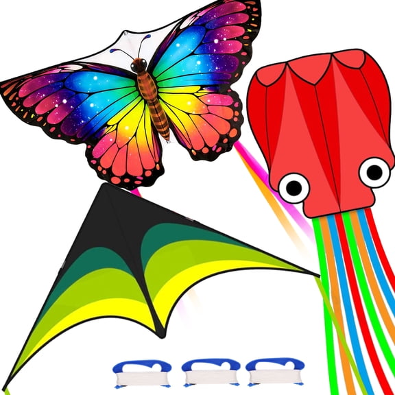 KiddiTouch 3 Pack Kites for Kids and Adults,Easy to Fly Butterfly Delta Octopus Kids Kite Set with 328FT Wire Board for Beginners,Family Outdoor Activities