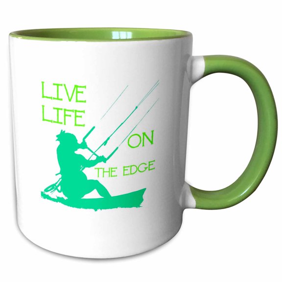 3drose, Kitesurfer Riding a Wave Live Life on the Edge Green Silhouette, 11oz Two-tone Green Mug