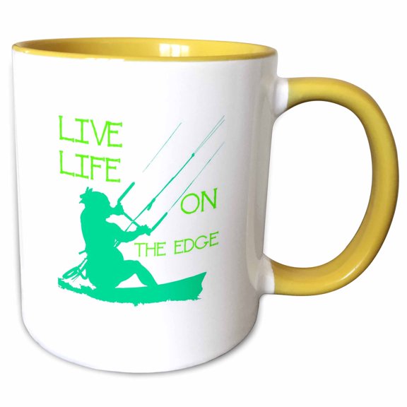 3drose, Kitesurfer Riding a Wave Live Life on the Edge Green Silhouette, 11oz Two-tone Yellow Mug