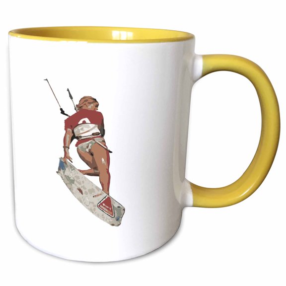 3drose, Kitesurfers Freestyle Kite Female Rider Color Illustration, 11oz Two-tone Yellow Mug