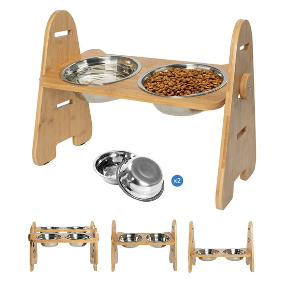 Kitgo Adjustable Elevated Stainless Steel Bowl for Dogs and Cats, Durable Bamboo Frame Feeding Tray Dog Bowl, 15° Tilt Elevation with 2 Stainless Steel Bowls and Non-Slip Feet