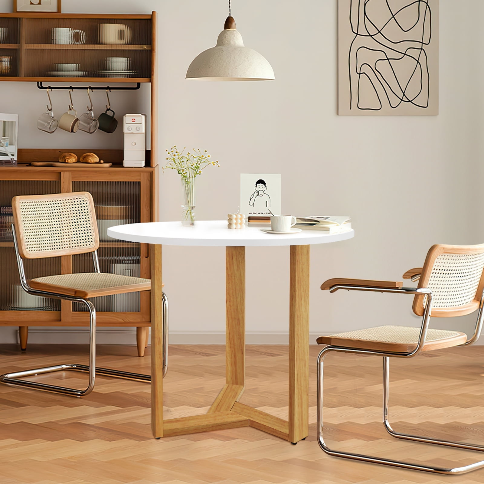 "KithKasa Wood Kitchen Dining Table, Small 31.5"" Round, for 2-4 Persons, White MDF Top, Solid ...