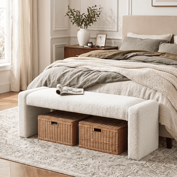 Kithkasa White Boucle Bench, 47 in Upholstered Entryway Bench with Wood Frame, Padded Ottoman Bench for Bedroom, Living Room and Foyer