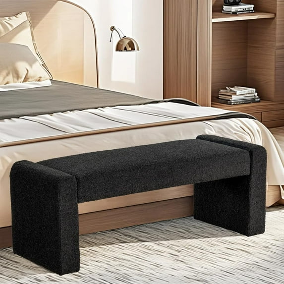 KithKasa 47" Modern Boucle Teddy End of Bed Bench, Upholstered Entryway Bench, Black Bedroom Bench, Comfy Padded Fabric Ottoman Bench for Bedroom, Living Room, Hallway, Foyer