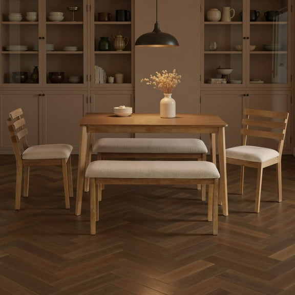 KithKasa 5 Piece Dining Table Set for 4,Mid-Century Modern Wood Dining Room Table Set with Upholstered Bench and 4 Kitchen Chairs for Dining Room,Small Space, Kitchen, Apartment,Nature