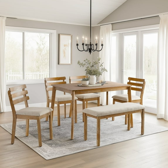 KithKasa 6 Piece Dining Room Set, Farmhouse Dining Table Set for 6, Solid Wood Family Dining Set with Bench, 4 Upholstered Chairs and Table