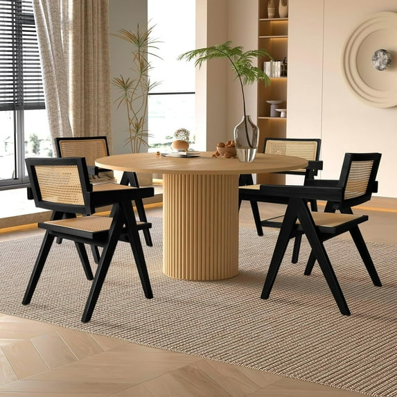 KithKasa Cane Dining Chairs Set of 4, Rattan Kitchen Chairs Black for Dining Room with Armrest