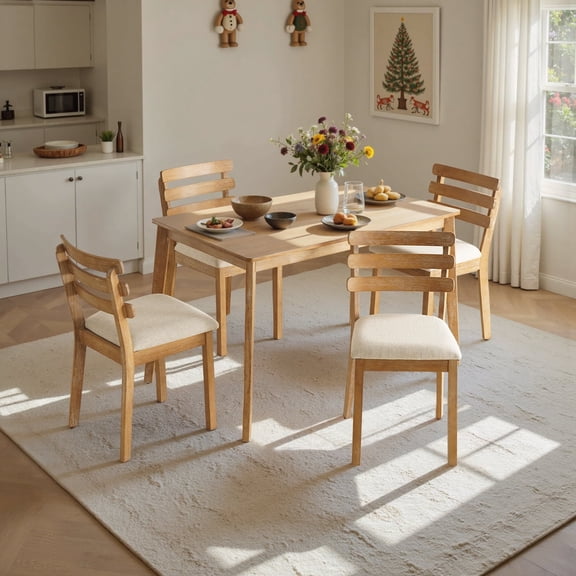 Kithkasa 5 Piece Dining Room Set for 4, 47 in Farmhouse Kitchen Table Set with 4 Upholstered Chairs, Natural Wood Dining Room Furniture