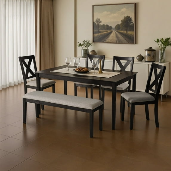 KithKasa Kitchen Table Set for 4-6,Wood Dining Table Set with Entryway Benchh,4 Upholstered Chair and 60" Kitchen Table,Black Dinette Set for Dining Room, Kitchen