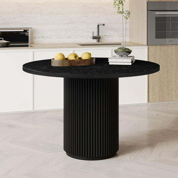 KithKasa Round Dining Table for 4, Modern Farmhouse Kitchen Table Black, 47 Inch Pedestal Circle Dining Tables with Solid Wood Strip Base for Kitchen Living Room(Only Table)