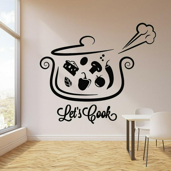 Kithen Quote Vinyl Wall Decal Phrase Let's Cook Pan Soup Food Kitchen Wall Stickers for kithen Wall Decor Removable Mural 42x37cm