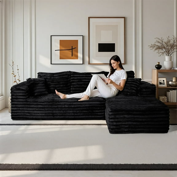 Kithkasa 103" Cloud Sectional Couches for Living Room Bedroom,Modern Modular Corduroy L-Shape Sofa with Deep Seats & High-Back,No Assembly Required,Black