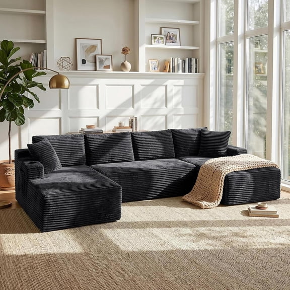 Kithkasa 127 in Boneless Couch, Black Modular Sectional Sofa for Living Room, Corduroy Couches for Living Room with Cup Holders and Side Pockets