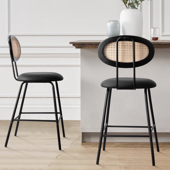 Kithkasa 26" Counter Stools Set of 2,Velvet Rattan Barstool with Metal Legs for Kitchen Island Cafe, Wine Bar, Black