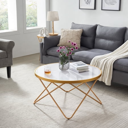 Kithkasa 32" Round Glass Coffee Table for Living Room,Gold Legged,White