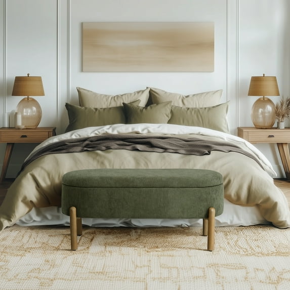 Kithkasa 41″ Upholstered Ottoman Bench for Bedroom End of Bed, Bedroom Bench with Solid Wood Legs and Padded Seat, Modern Entryway Bench for Bedroom, Living Room,Green