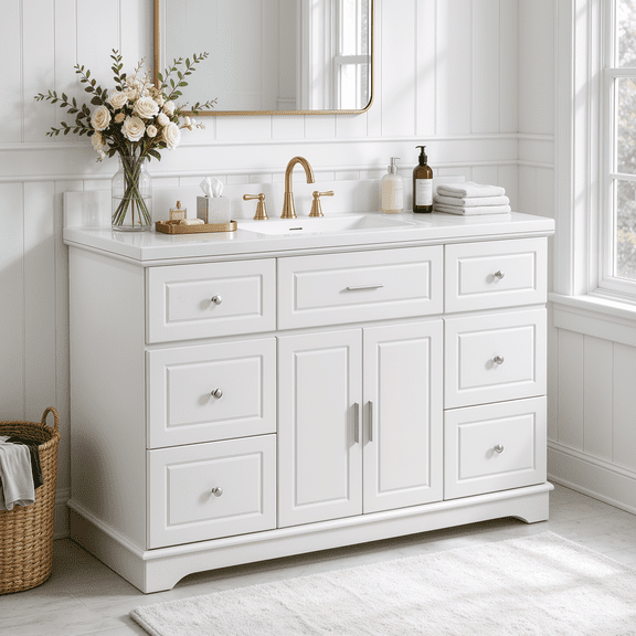 KirKasa 48 in Freestanding Bathroom Vanity with Sink, White Bathroom Sink Cabinet, Bathroom Vanity and Sink Combo with Solid Surface Top