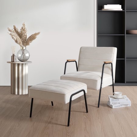 Kithkasa Accent Chairs with Ottoman,Velvet Modern Leisure Lounge for Living Room,with Armrest,Cream