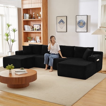 Kithkasa Compressible U-Shaped Sectional Sofa Set,Minimalist Style Modular Sectional Sofa, Corduroy Fabric Cloud Couch for Living Room