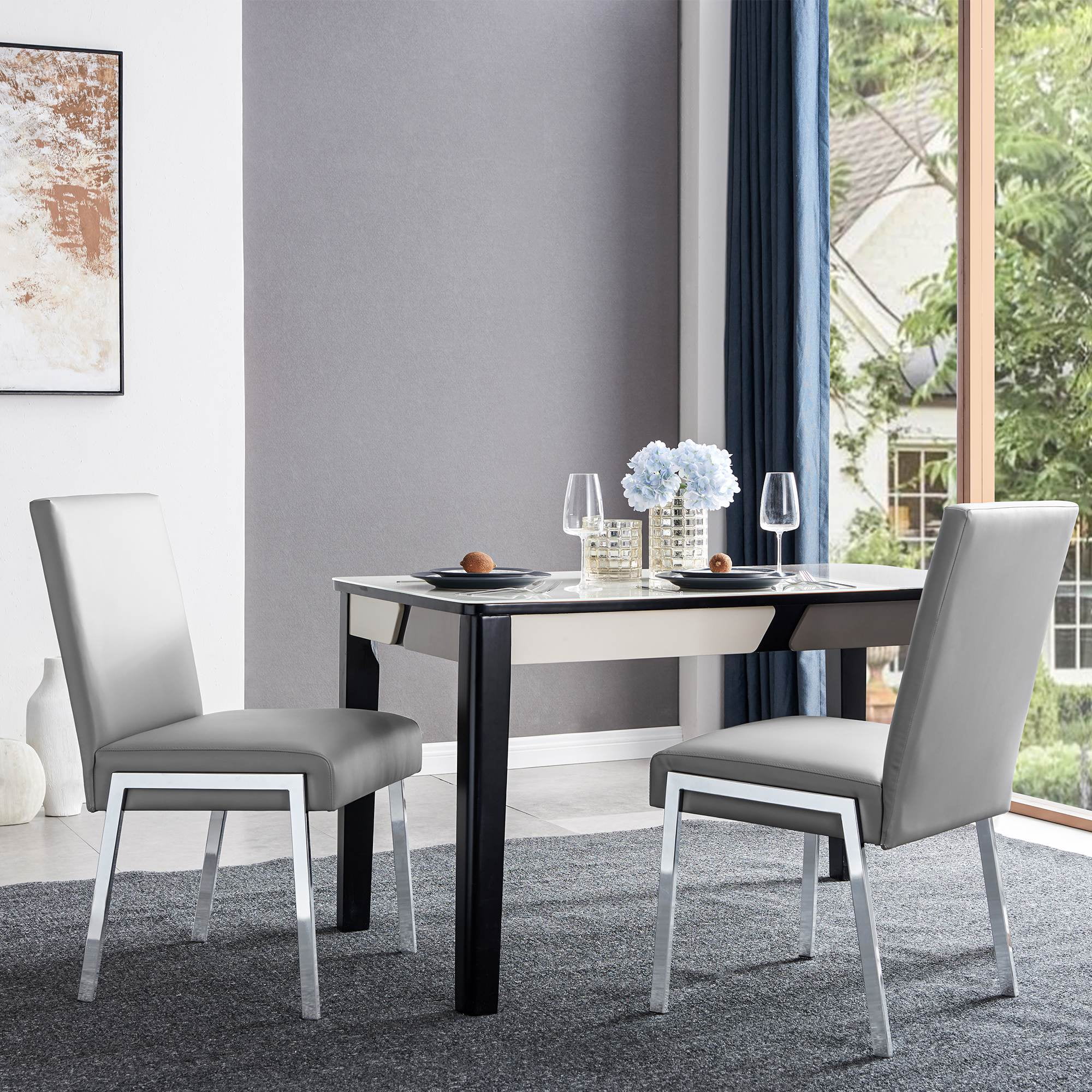 Kithkasa Modern Leather Dining Chairs,Chrome Legs,Set of 2,Grey