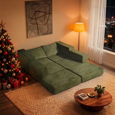 Kithkasa Modular Sectional Sofa Bed, Cloud Boneless Couch with Deep Seat and Convertible Sleeper, Modern Sleeper Sofa for Living Room Bedroom, No Assembly, Green
