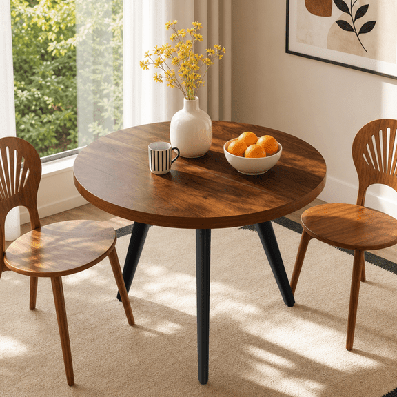 Kithkasa Natural Round Dining Table, 31.5 in Modern Dining Table for 4, Wood Table with Black Metal Legs, Dinner Table for Kitchen and Dining Room