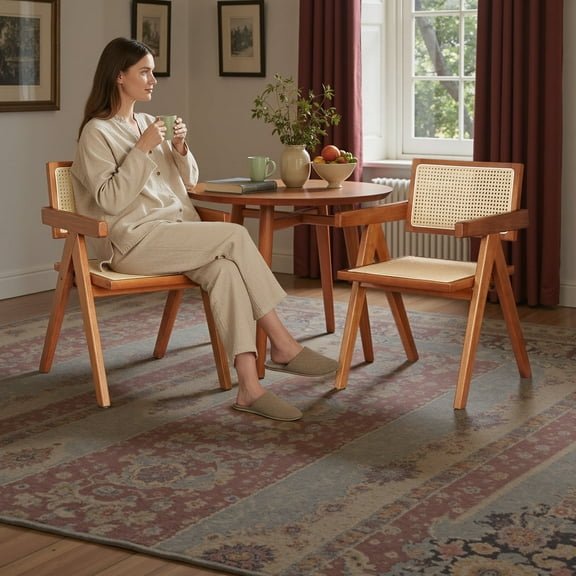 Kithkasa Rattan Dining Chairs Set of 2, Modern Mid Century Dining Chairs with Arms for Bedroom, Living Room, Reading Room, Dark Brown