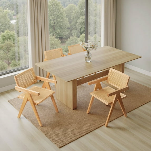 Kithkasa Rattan Dining Chairs Set of 4, Modern Mid Century Dining Chairs with Arms for Bedroom, Living Room, Reading Room, Walnut Wood