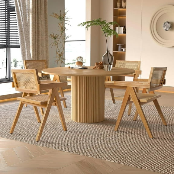 Kithkasa Rattan Dining Chairs for Dining Room, Solid Wood Finish with Armrest, Set of 2, Light Walnut