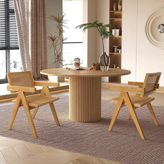Kithkasa Rattan Dining Chairs for Dining Room, Solid Wood Finish with Armrest, Set of 2, Light Walnut