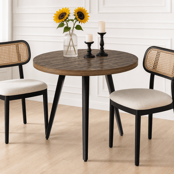 Kithkasa Walnut Round Dining Table, 31.5 in Modern Dining Table for 4, Wood Table with Black Metal Legs, Dinner Table for Kitchen and Dining Room