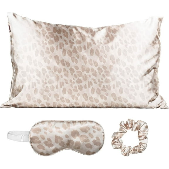 Kitsch 100% Satin Sleep Set - 1 Pillowcase, 1 Eye Mask and 1 Volume Scrunchie for Adult (Leopard)