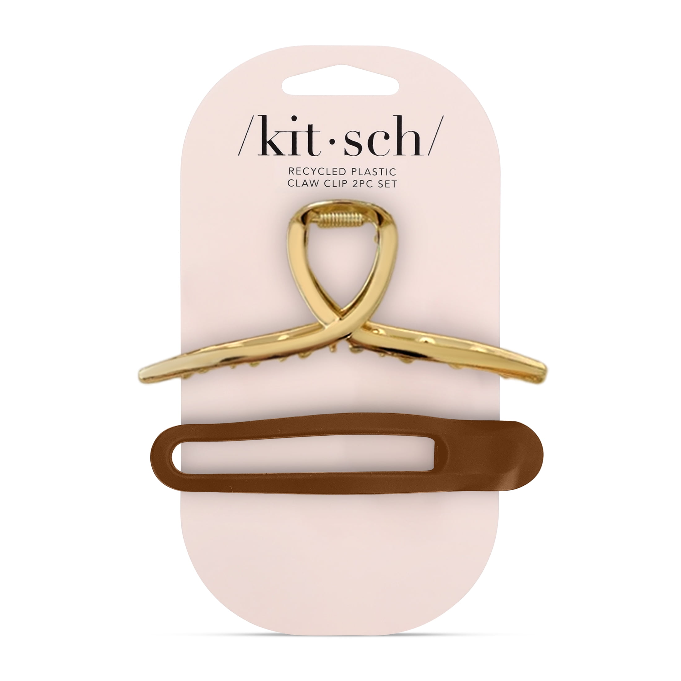 Kitsch Claw Clip Set 2pcs with Metal Loop & Flat Lay Curved Claw, Gold / Brown
