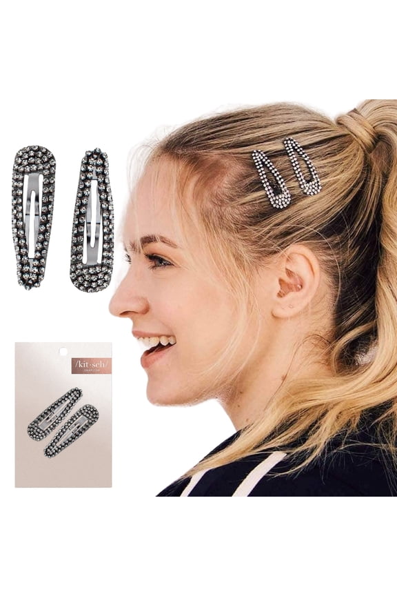 Clip Snap Rhinestone, Metal Snap Hair Clips for Women, Barrette, 2pcs, Hematite