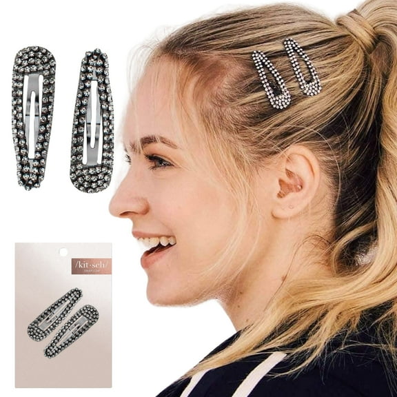 Kitsch Clip Snap Rhinestone, Metal Snap Hair Clips for Women, Barrette, 2pcs, Hematite