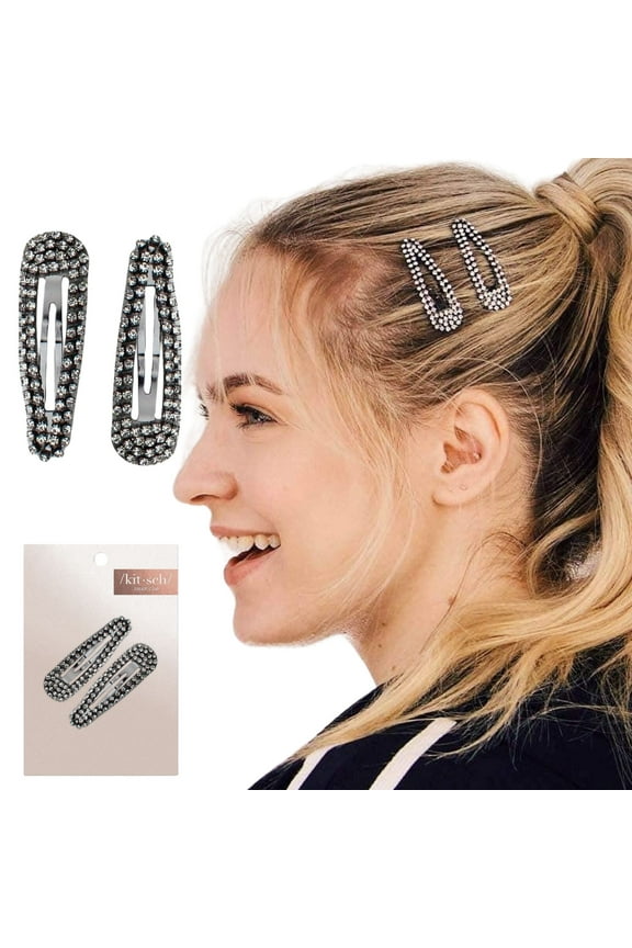 Clip Snap Rhinestone, Metal Snap Hair Clips for Women, Barrette, 2pcs, Hematite