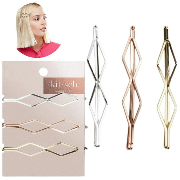 Kitsch Fashion Metal Diamond Bobby Pins Trio Set - Gold, Rose Gold & Silver - 2.5 Inches Long