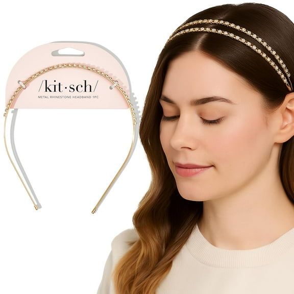 Kitsch Metal Rhinestone Headband, Double Headband 1 pc - Gold