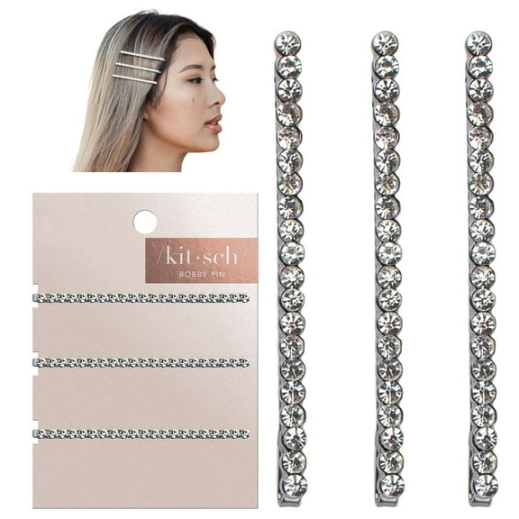 Kitsch Mini Rhinestone Bobby Pins - Silver Hair Pins for Women Hair, 3pcs Hematite (Rhinestone)