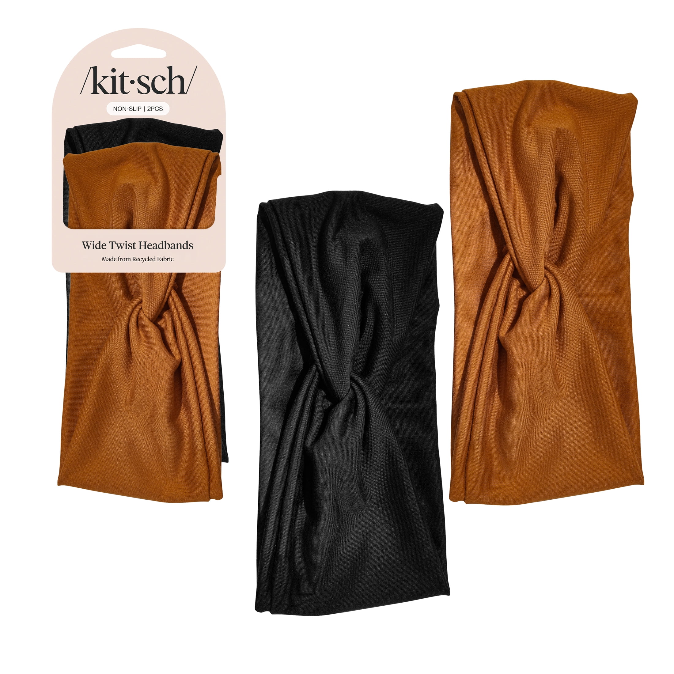 Kitsch Recycled Fabric Fashion Headband, Black and Camel, 2 Pack