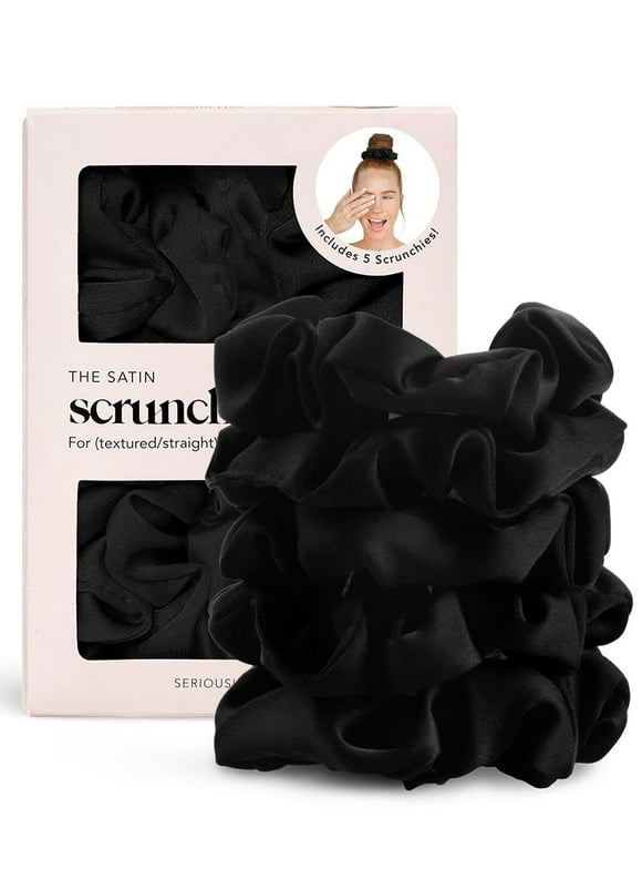 Kitsch Satin Hair Scrunchies for Women - Ponytail Holder, Hair Elastics, 5 Pack (Black)