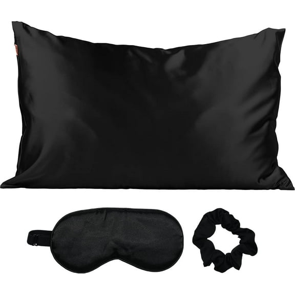 Kitsch Satin Sleep Set, Includes Pillowcase, Eye Mask, and Scrunchie (Black)