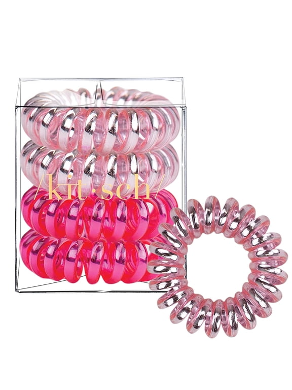 Spiral Hair Ties for Women - Phone Cord & Coiled Hair Ties, 4pcs (Metallic Pink Crush)